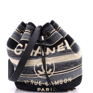 Chanel Medium Deauville Drawstring Bucket Bag Canvas with Striped Detail